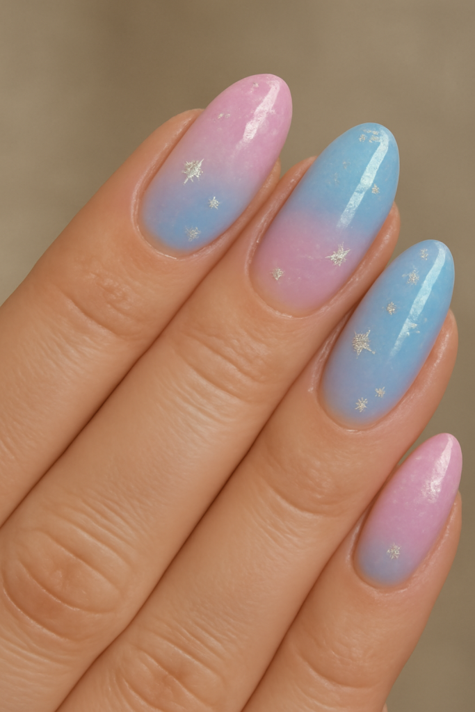 Blue and Pink Cotton Candy Nails with Star Accents