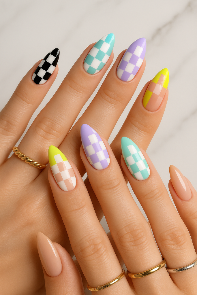 Checkerboard Almond Nails