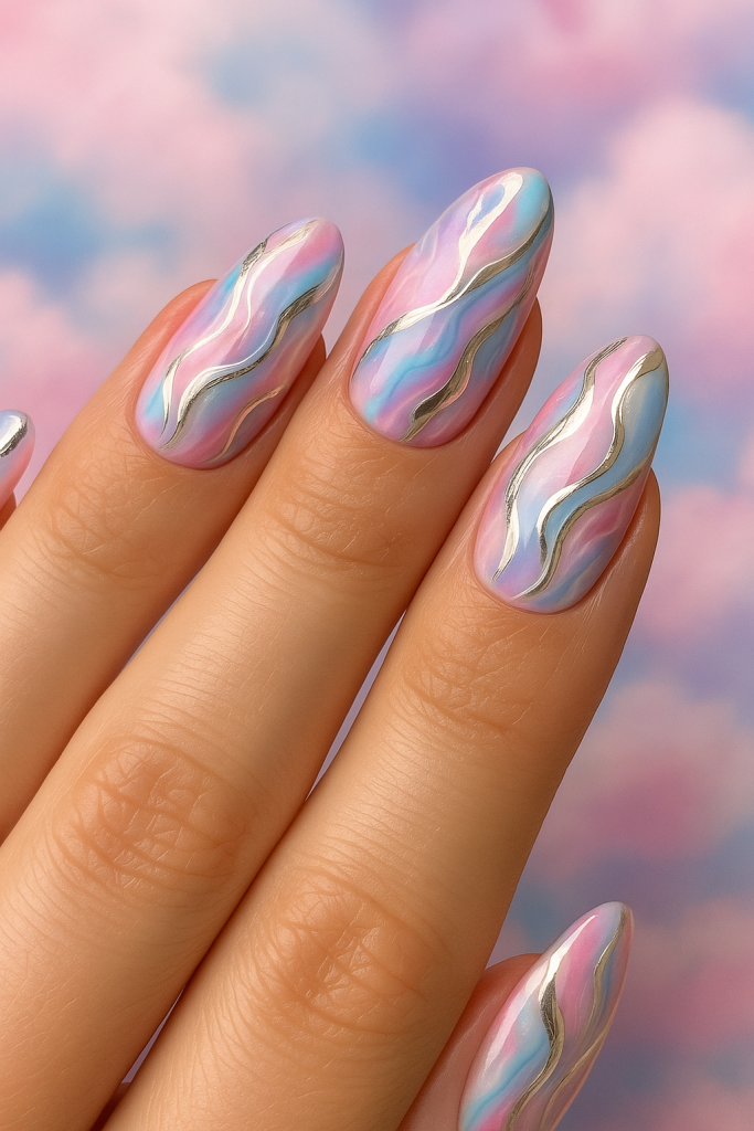 Cotton Candy Marble with Chrome Highlights nails