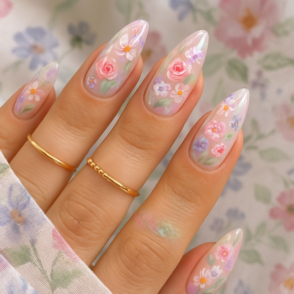 Floral Watercolor Almond Nails