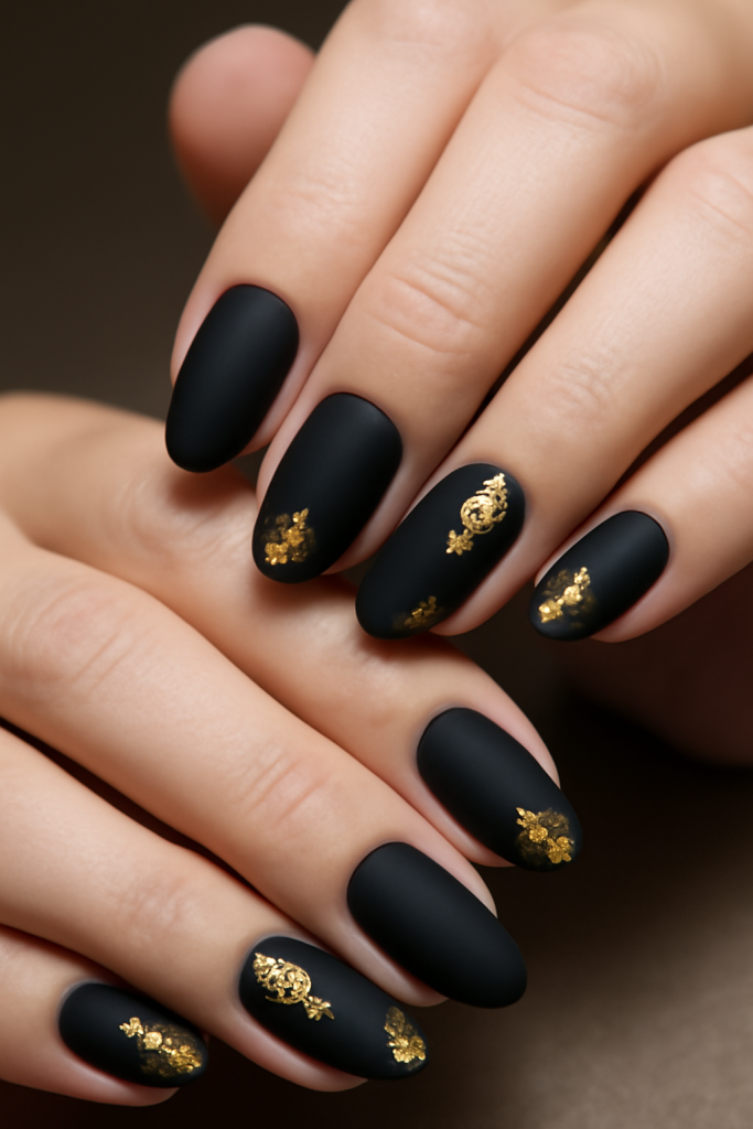 Matte Black Nails with Gold Foil