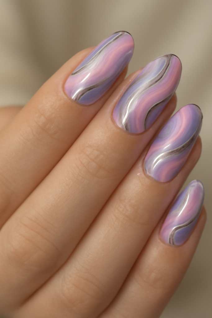 Pink and Lavender Chrome Marble Nails