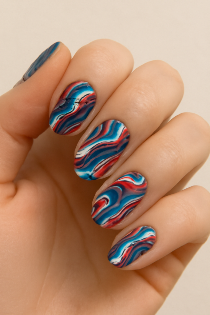 Red, White & Blue Marble nails