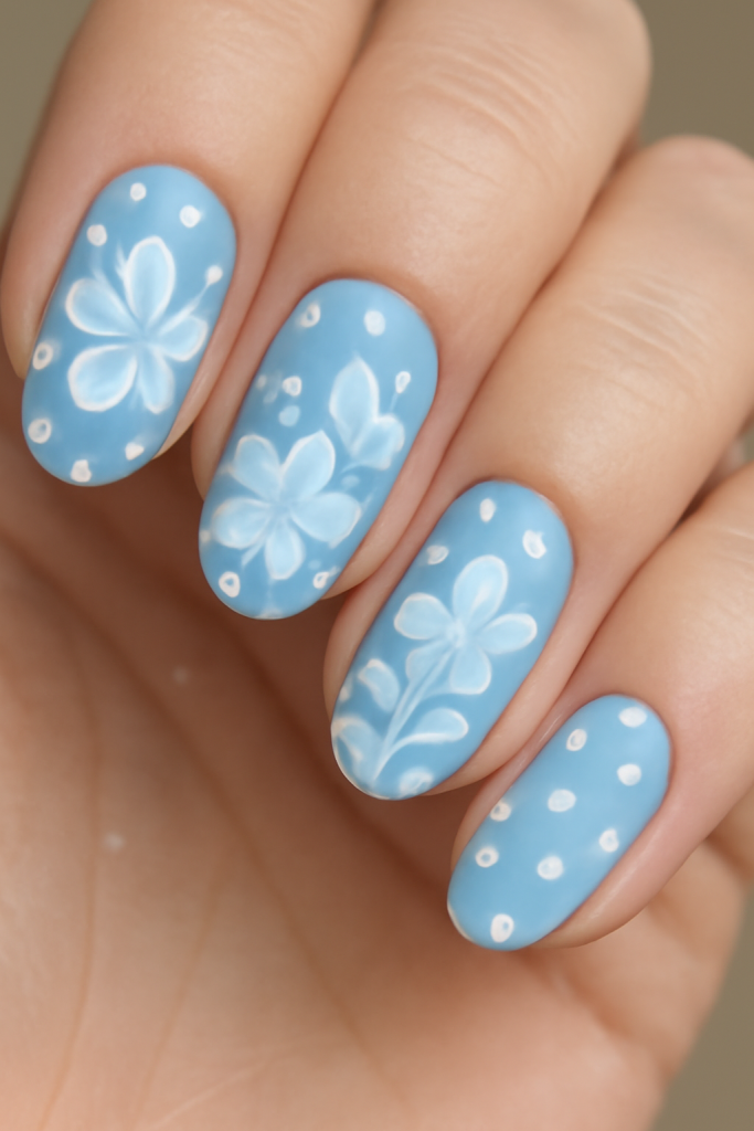 Blue Floral Nails with White Polka Dots