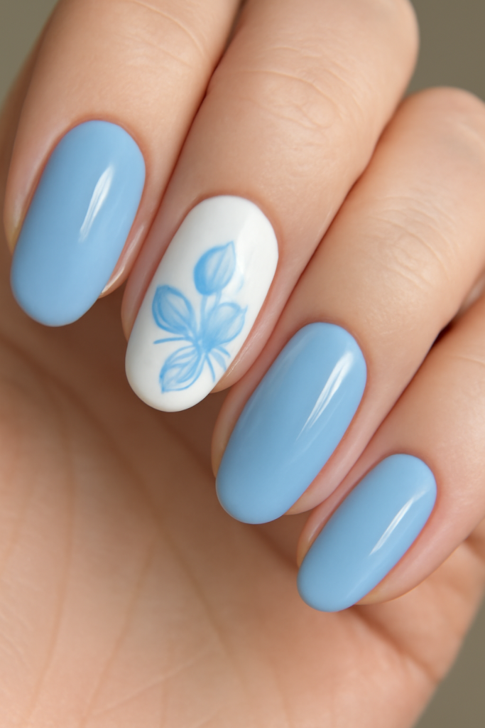 Blue and White Floral Accent Nails