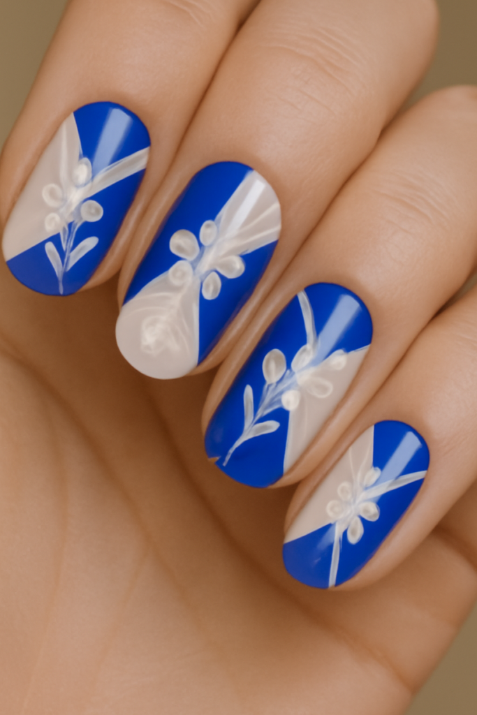 Blue and White Floral Geometric Nail Art