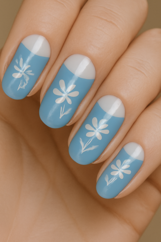 Blue and White Floral Half Moon Nails