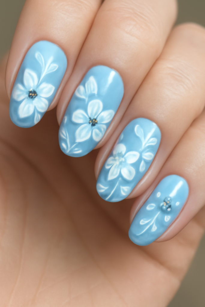 Blue and White Floral Nails with Rhinestones