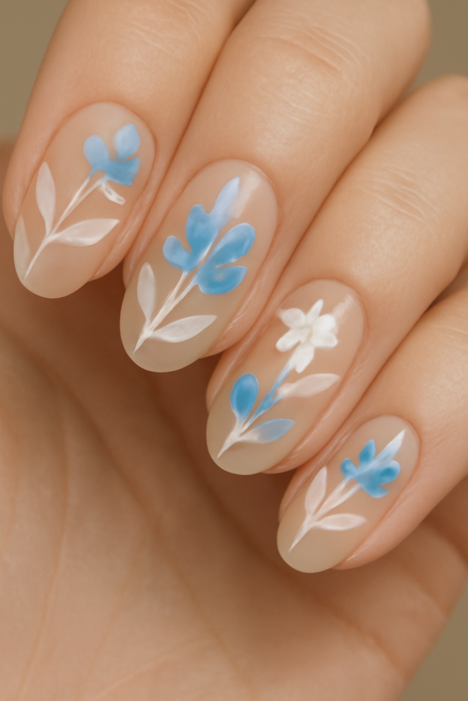 Blue and White Floral Negative Space Nails
