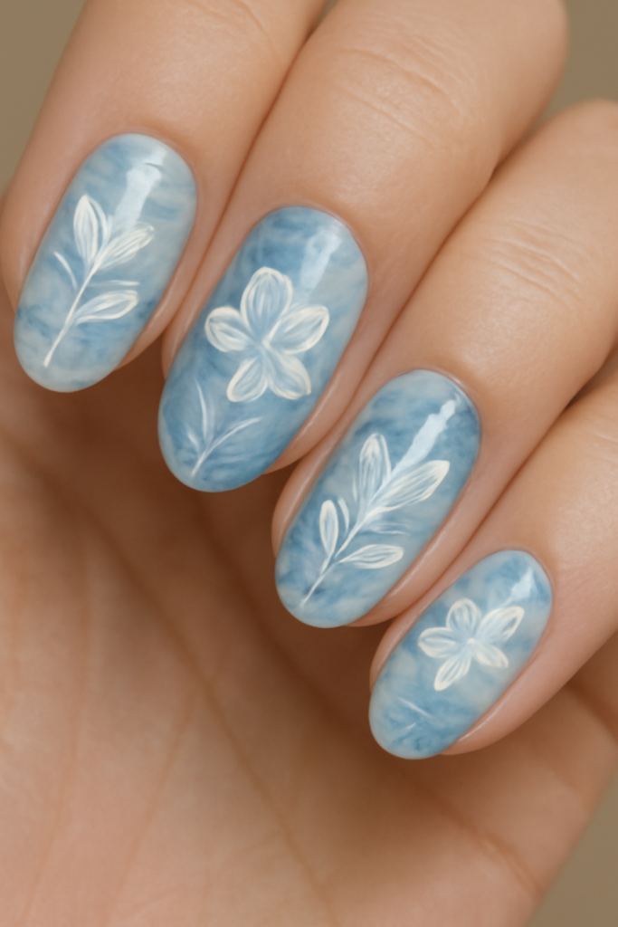 Blue and White Marble Floral Nails