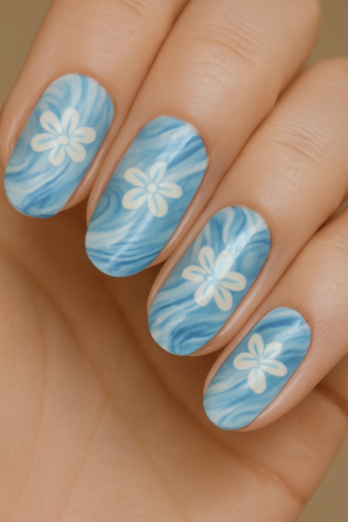 Blue and White Water Marble Nails with Flowers