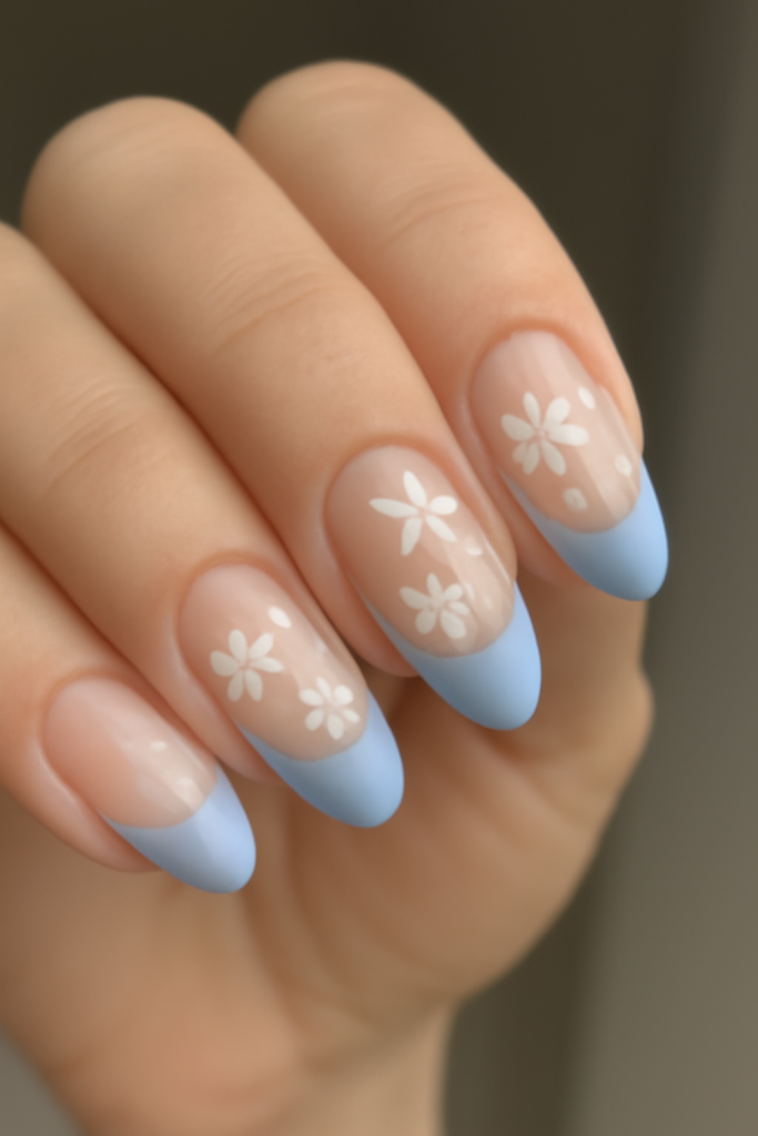 Classic Blue and White Floral French Tips