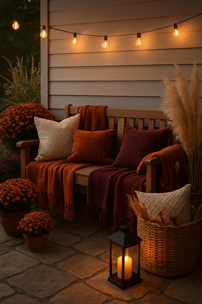 Cozy Outdoor Nook with Blankets & Baskets