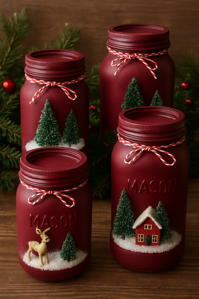 DIY Burgundy Mason Jar Snow Globes