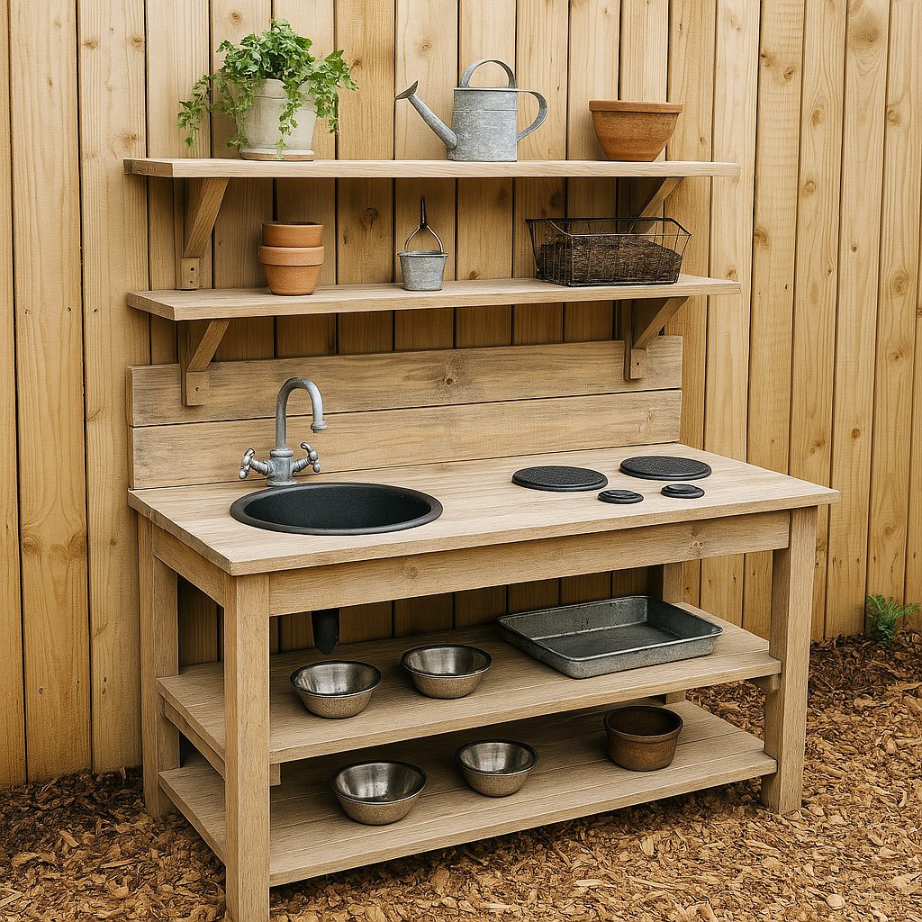 Farmhouse-Inspired Mud Kitchen With Open Shelving