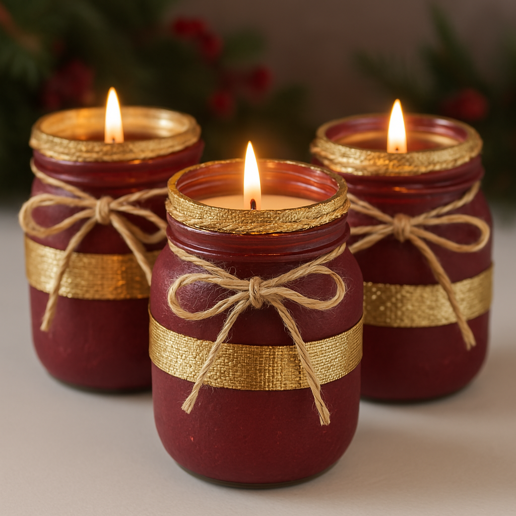 Homemade Burgundy & Gold Candle Jars