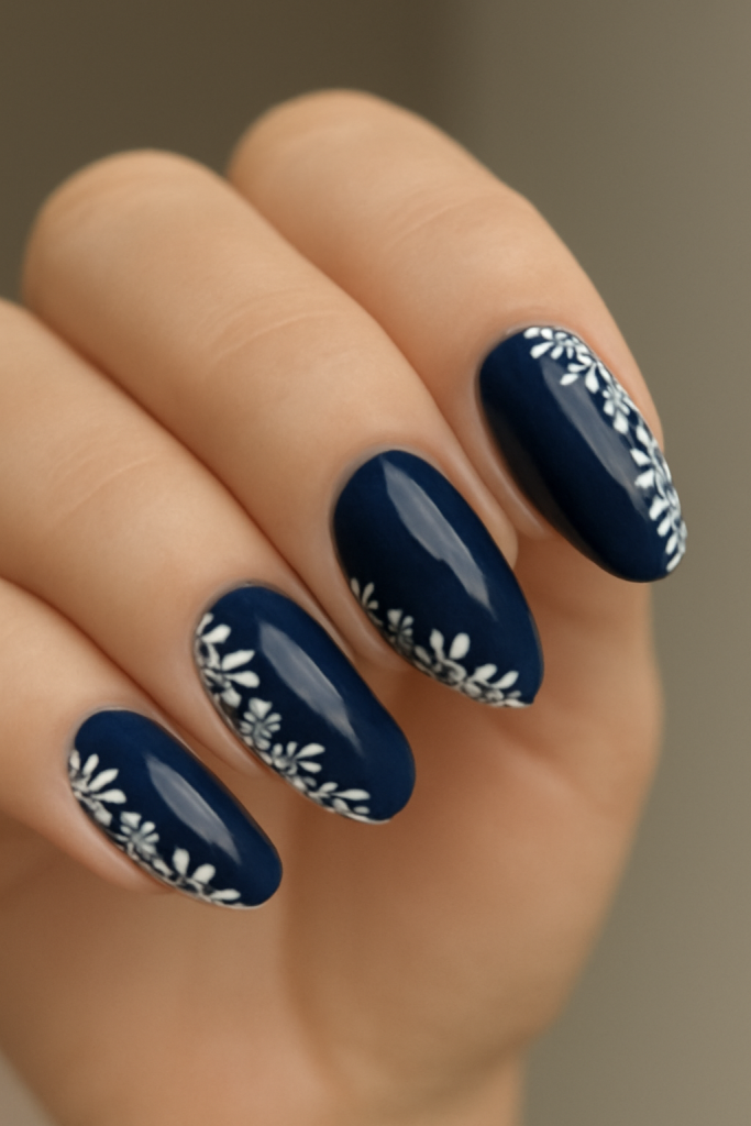 Navy Blue with White Floral Borders