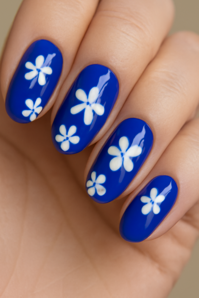 Royal Blue with White Daisy Nails