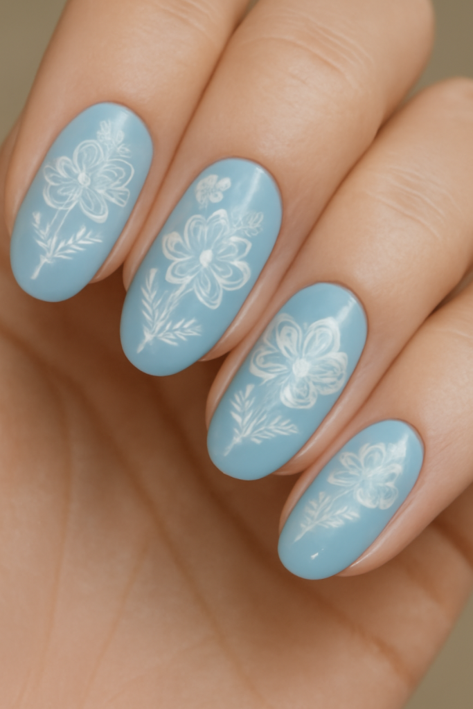 Soft Blue with White Lace Florals